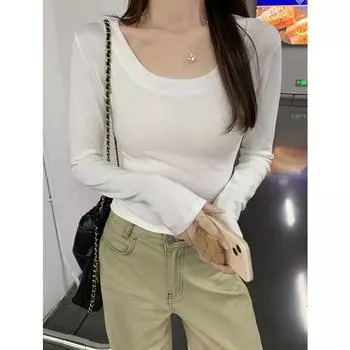 Белая футболка pure desire с глубоким U-образным вырезом, открытыми ключицами и длинными рукавами для женщин на раннюю осень с открытой спиной и сексуальным верхом с открытой спиной S