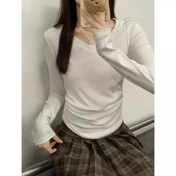 Белая футболка pure desire с V-образным вырезом на правом плече и длинными рукавами для женщин, осенняя талия, плиссированная внутренняя часть с закругленным подолом, верхняя часть рубашки S