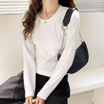 Белая футболка с длинными рукавами для женщин, весна и осень, новая однотонная рубашка, универсальный трикотажный топ с круглым вырезом для похудения S