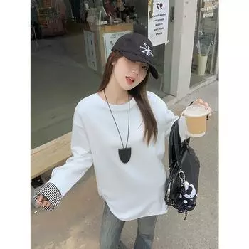 Белая футболка с длинными рукавами и клетчатой манжетой в стиле пэчворк для женщин на зиму, теплая, свободная, закрывающая ягодицы, низ средней длины, верхняя часть рубашки S