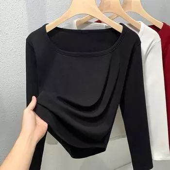 Белая футболка с длинными рукавами, квадратным вырезом и прямыми плечами, женская новая футболка с тонкой внутренней частью на раннюю осень, облегающий и тонкий верх S белый