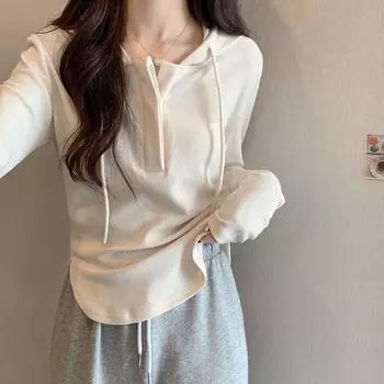 Белая футболка с капюшоном и длинными рукавами для женщин, весна и осень 2024, новый повседневный облегающий топ с капюшоном в стиле ленивой моды S
