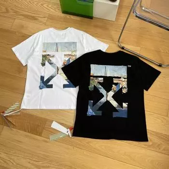 Белая футболка с короткими рукавами для мужчин и женщин, летняя новинка 2025 года от Monet с принтом стрелы и масляной живописи, классическая футболка для пар S чёрный