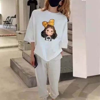 Белая футболка с короткими рукавами для женщин, свободная летняя, новый большой размер, тонкий топ средней длины из чистого хлопка с рисунком для девочек M