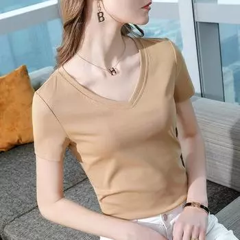 Белая футболка с короткими рукавами для женщин, новая простая хлопковая футболка с V-образным вырезом, темпераментный топ, закрывающий талию S