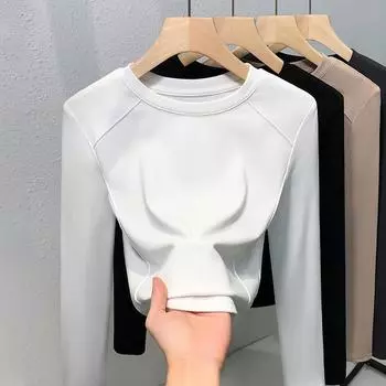 Белая футболка с круглым вырезом и длинными рукавами для женщин New Temperament Inner Base Shirt Versatile Slim Top S чёрный