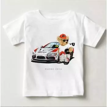 Белая футболка с милым медведем и ездой на автомобиле для мальчиков и девочек, детская летняя забавная одежда Harajuku Kawaii для детей Y2k 9T