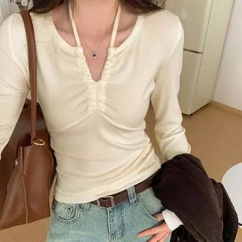 Белая футболка с V-образным вырезом и длинными рукавами, женская, начало осени, новая универсальная рубашка с коротким топом S