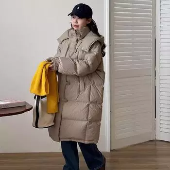 Белая гусиная пуховая длинная женская куртка 2024 года, зимняя утолщенная, с круглыми пуговицами, выше колена, куртка премиум-класса для колледжа S