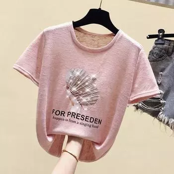 Белая хлопковая тонкая футболка, женские топы, летняя повседневная футболка для девочек, корейская футболка с короткими рукавами Kawaii, модная футболка с бисером