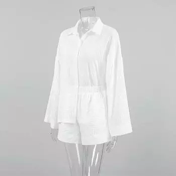 Белая хлопковая женская одежда, повседневный комплект из коротких брюк, 2025 летняя новинка, женская жаккардовая модная свободная рубашка с длинным рукавом и шорты S белый