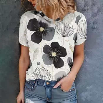 Белая и черная женская футболка с принтом - современный повседневный модный стиль, летний круглый вырез, короткий рукав S