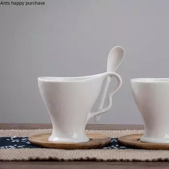 Белая керамическая чашка, деревянная ложка, блюдце, кофейная чашка, набор из 2 предметов, парная кружка, пара чашек, домашняя посуда для напитков, чайная кружка, молочная кружка