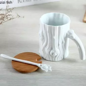 Белая керамическая кружка в форме головы дерева с деревянной крышкой, ложка, большая емкость, стакан для воды, офисные кофейные кружки, молочные чайные чашки, послеобеденные чайные чашки 300 400ml