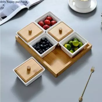 Белая керамическая тарелка для закусок Поднос для закусок Деревянная крышка Стеклянная крышка Деревянные поддоны Набор тарелок для закусок Сухофрукты Фруктовая чаша Поднос для конфет