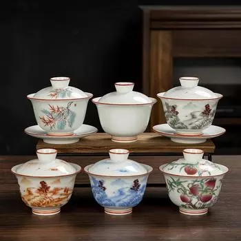 Белая китайская чашка для чая Санцай Гайвань, одинарная ручная роспись, золотая фарфоровая чаша для заваривания с крышкой, не ожоговая бытовая 150ml красный