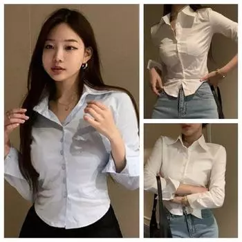 Белая корейская милая рубашка Y2K, узкая, в стиле преппи, шифоновая женская блузка с длинным рукавом, летняя мода, офисные повседневные женские укороченные топы S синий