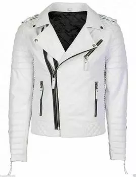 Белая кожаная куртка мужская в байкерском стиле из натуральной овчины мужская приталенная куртка на молнии XS белый