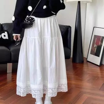 Белая кружевная эластичная юбка-полуюбка из кружева для женщин на весну и лето. Высокая талия и спадающие линии, утягивающая юбка средней длины. S белый