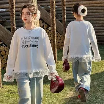 Белая кружевная футболка с длинным рукавом для девочек больших размеров на весну и осень 160 белый