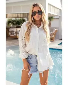 Белая кружевная рубашка Azura Exchange с накладным нагрудным карманом и пуговицами M белый