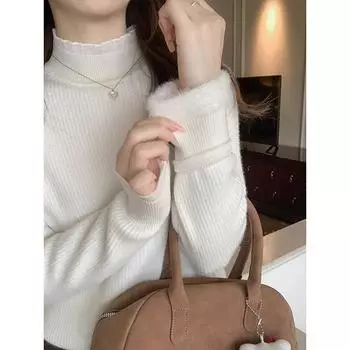 Белая кружевная рубашка с полуводолазкой для женщин, зима 2024, новый цельный бархатный теплый свитер с трикотажным верхом внутри One Size