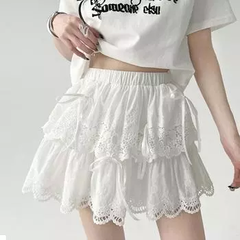 Белая кружевная юбка для женщин, весна-лето, милая мини-юбка трапециевидной формы с милым бантом и эластичной резинкой на талии, тонкая женская одежда в стиле Лолиты Y2K S белый