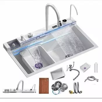 Белая кухонная раковина Nano с одним слотом, встроенный цифровой дисплей, кран с водопадом, дозатор мыла, чашка, мойка, чистый кран 680X460MM белый