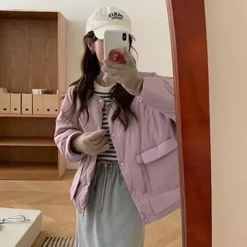 Белая куртка-пуховик без воротника на зиму 2024 года, новая, конфетного цвета, маленькая свободная, теплая, повседневная куртка-пуховик S