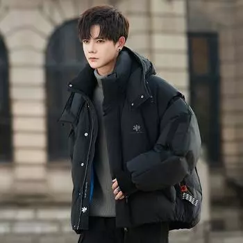 Белая куртка-пуховик на утином пуху, мужская зимняя, новая, универсальная, короткая, модная, с капюшоном, утолщенная, повседневная S чёрный