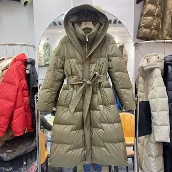 Белая куртка-пуховик с капюшоном и поясом, облегающая, средняя и длинная, утолщенная, теплая куртка M 90-55 kg чёрный