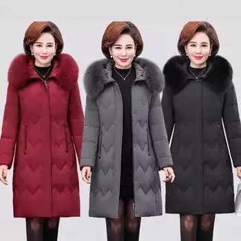 Белая куртка-пуховик средней и длинной длины для мам среднего и пожилого возраста, теплая женская одежда, универсальный темперамент, тонкая куртка XL recommends below 52.5kg чёрный