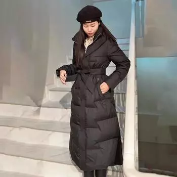 Белая куртка-пуховик женская с капюшоном, средней и длинной, с поясом на талии, со шнуровкой, 2024 зимняя новинка, модная M чёрный