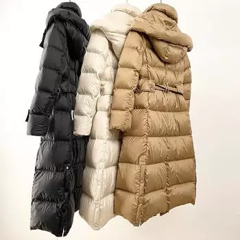 Белая куртка-пуховик женская средняя и длинная выше колена 2024 года новая куртка со шнуровкой на талии зимняя одежда S чёрный