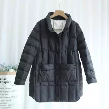 Белая куртка-пуховик женская средняя и длинная 2024 зима новое свободное и легкое резиновое воротник-стойка модное повседневное пальто S белый