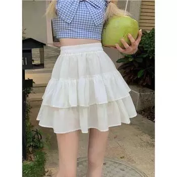 Белая милая плиссированная юбка трапециевидной формы, женские узкие юбки с эластичной резинкой на талии в стиле каваи с оборками, простая повседневная одежда в Корейском стиле 2024 S чёрный