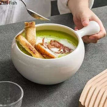Белая миска с ручкой, большой емкости, миска для салата из овсянки, миска для лагманской лапши, бытовая керамическая посуда для завтрака в ресторане отеля