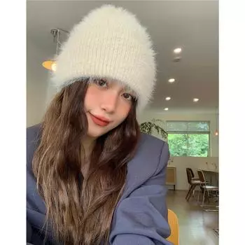 Белая мягкая шапка из искусственного меха кролика, женская зимняя универсальная вязаная шапка с небольшим пухом one size large elasticity