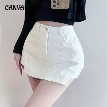 Белая нерегулярная джинсовая юбка до середины тела, брюки, женская летняя тонкая короткая юбка трапециевидного силуэта с высокой талией S белый