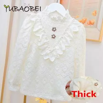 Белая нижняя футболка с длинными рукавами для девочек-подростков, зимняя детская кружевная утепленная блузка с высоким воротом, топы, детская одежда, теплый пуловер 110