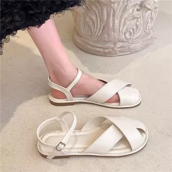 Белая обувь без каблука для отдыха на открытом воздухе, лето 2024, сандалии для женщин, женская обувь, пряжки, плоская резина, черные офисные сандалии, повседневные H 35