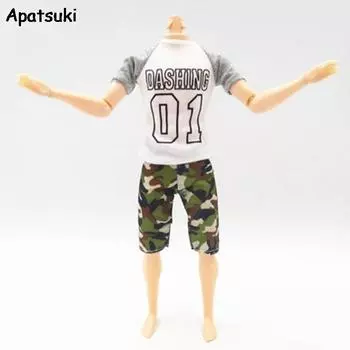 Белая одежда для кукол-мальчиков 01 Футболка с принтом и камуфляжные шорты для куклы Кена, наряды с короткими штанами, одежда для кукол Барби Кена-мужчины 1/6 разноцветный