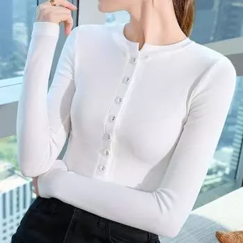 Белая однотонная базовая рубашка с круглым вырезом для женщин, новый осенне-зимний универсальный дизайн, узкий топ с длинными рукавами и пуговицами S