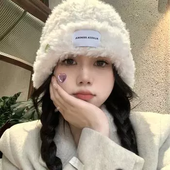 Белая оленьая шапка, осенне-зимняя плюшевая панама, вязаная толстая теплая шапка из искусственного меха, шерстяная шапка, пушистая шапка-тазик Average Size (55-59cm)