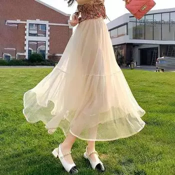 Белая плиссированная юбка средней и длинной длины, женская летняя юбка-маятник из шифона, показывающая тонкую однотонную длинную юбку, женская драпировка One Size абрикосовый