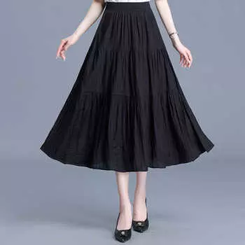 Белая плиссированная юбка средней и длинной длины, женская летняя юбка-качеля, показывающая тонкую однотонную длинную юбку, слово, женская свисающая юбка One size (recommended weight 80-75kg) чёрный