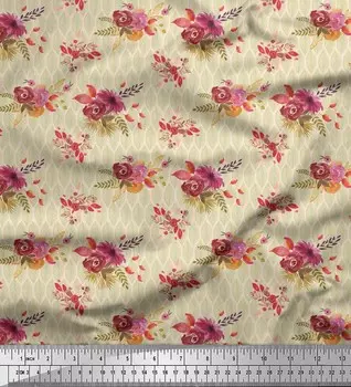 Белая полиэфирная креповая ткань для рукоделия Soimoi с цветочным принтом листьев и камелий на метраж 42 дюйма 42 Inch Wide - Poly Crepe белый