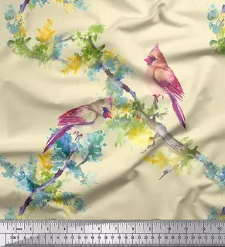 Белая полиэфирная креповая ткань Soimoi Ткань Bulbul с принтом птицы 1 метр 42 дюйма 42 Inch Wide - Poly Crepe зелёный