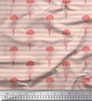 Белая полиэфирная креповая ткань Soimoi в полоску и с океанским принтом медуз, 1 метр, 42 дюйма 42 Inch Wide - Poly Crepe белый