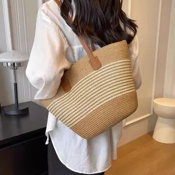 Белая полосатая большая вместительная сумка 2024 года, новая соломенная сумка-тоут, пляжная сумка